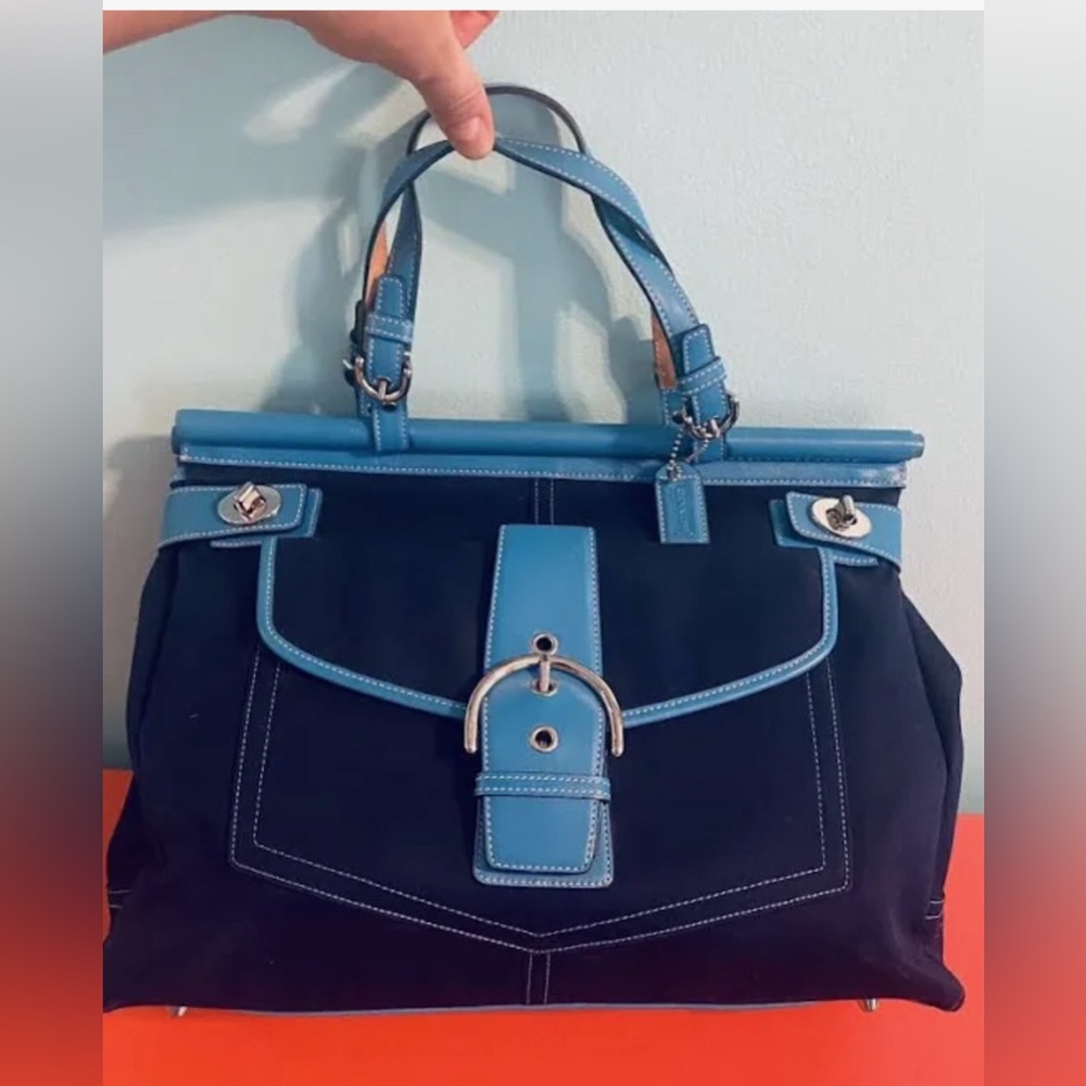 Coach 9367 Hampton Navy Blue Canvas Teal Leather Carryall Satchel Tote